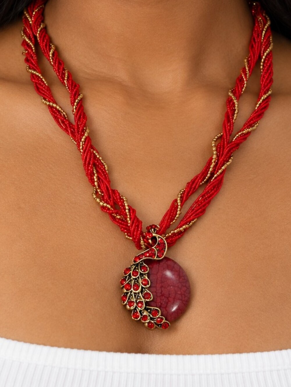 Statement red gold beaded necklace
